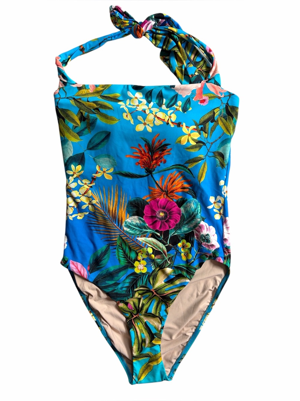 PQ Swim Blue Oasis Floral Print Square Neck Halter One Piece Swimsuit NWT Large